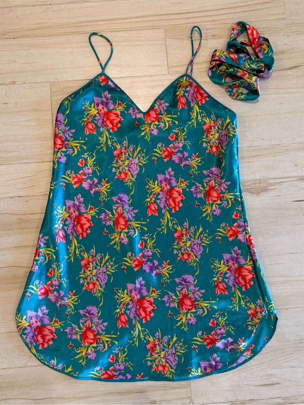 Vintage Val Mode Teal Floral Satin Nightgown Slip Dress w Matching Sash M